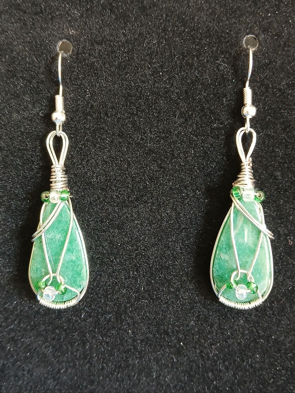 Green Aventurine silver wire wrapped teardrop dangle earrings new handmade glass